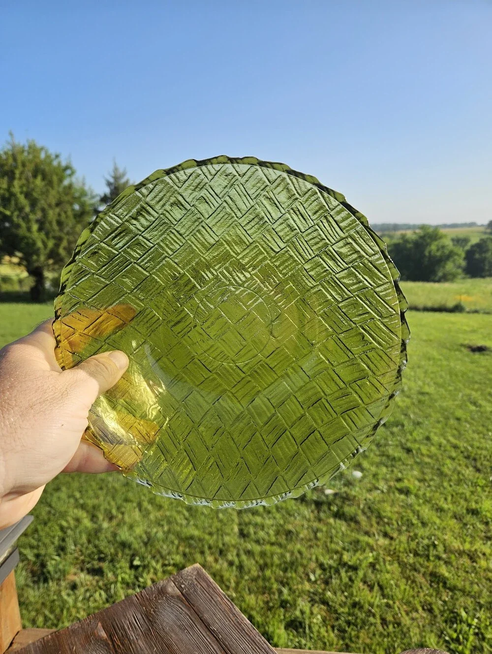 Green glass bowl with textured woven pattern  #glassware mid-century modern